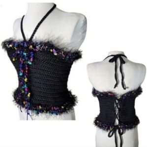 HANDCRAFTED Top Corsetted Cropped Crochet Black Size M